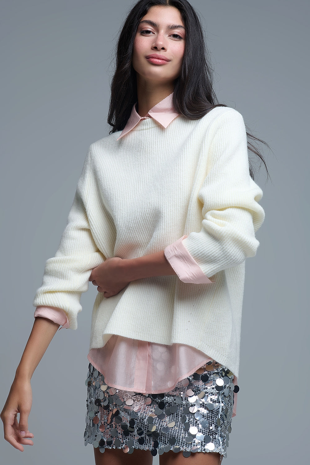 Ribbed Comfy Knit Sweater in Cream - Sweaters