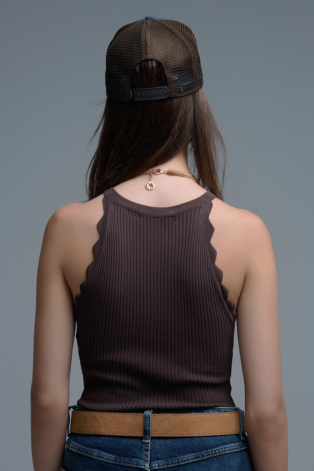 Ribbed Halter Top With Scalloped Finish in brown - Tops