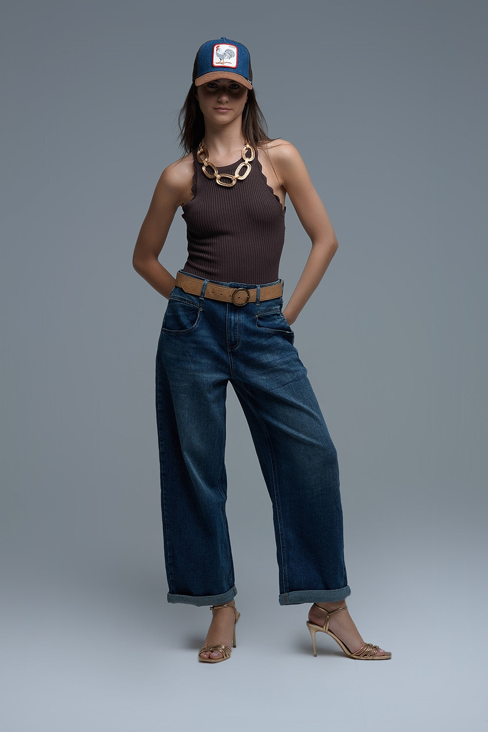 Ribbed Halter Top With Scalloped Finish in brown - Tops