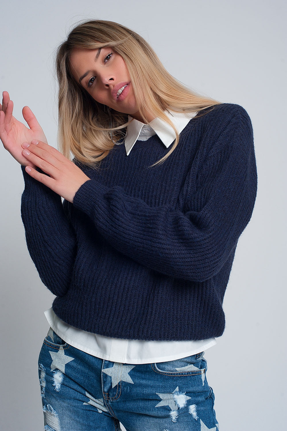 Ribbed jumper in Navy - Jumpers
