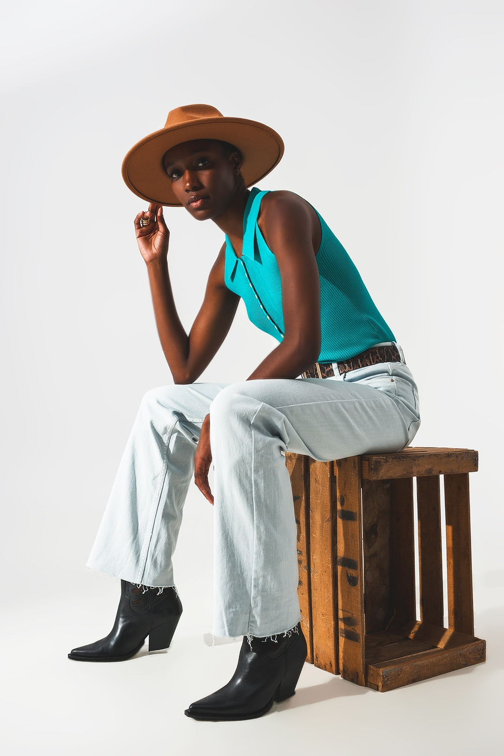 Ribbed knitted top with polo neck in turquoise - Tops