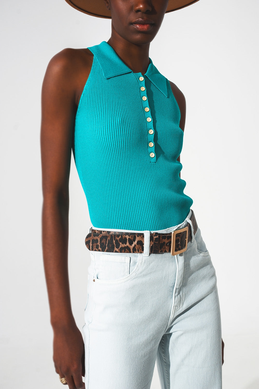 Ribbed knitted top with polo neck in turquoise - Tops