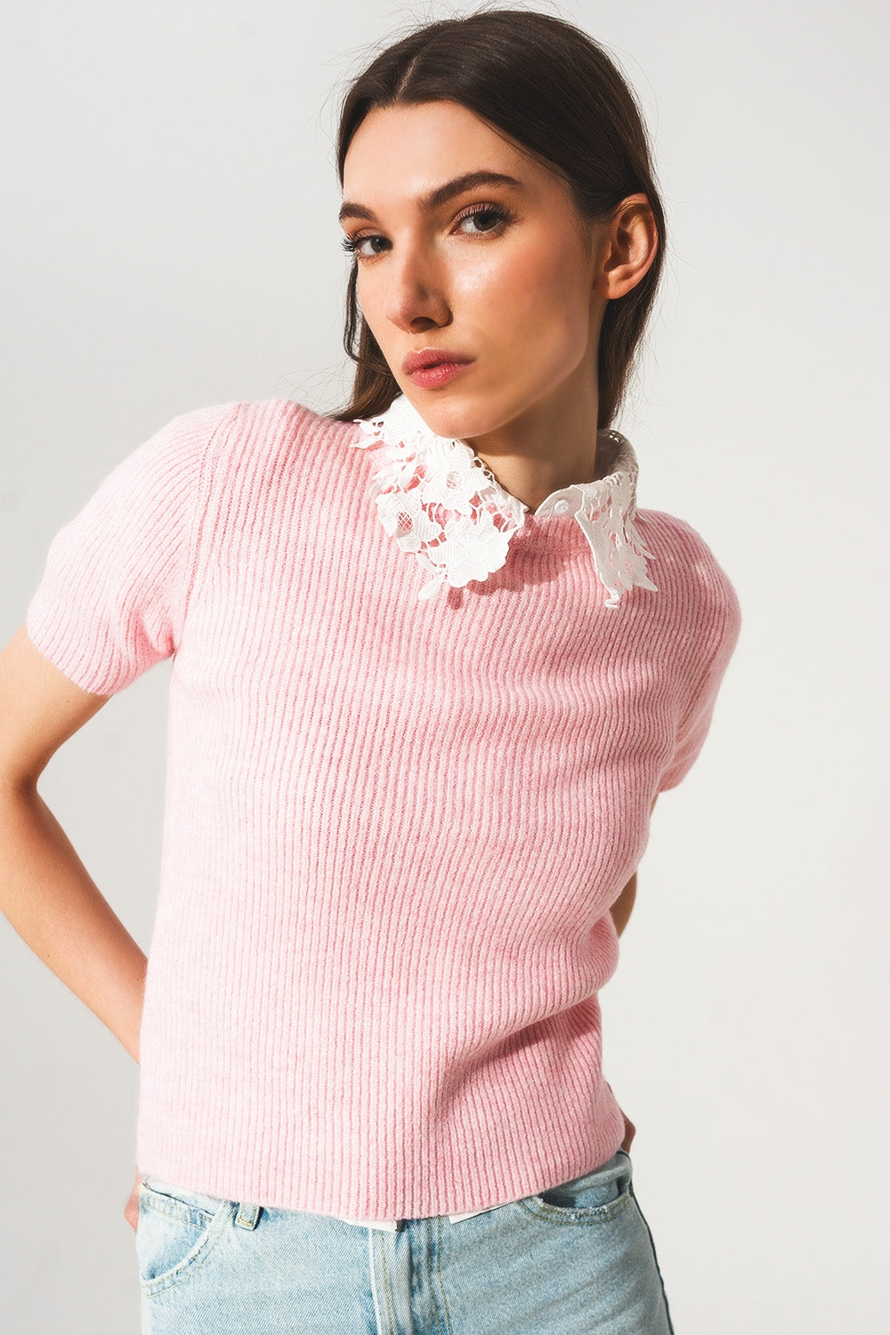 Ribbed short sleeve crop knitted top in pink - Jumpers