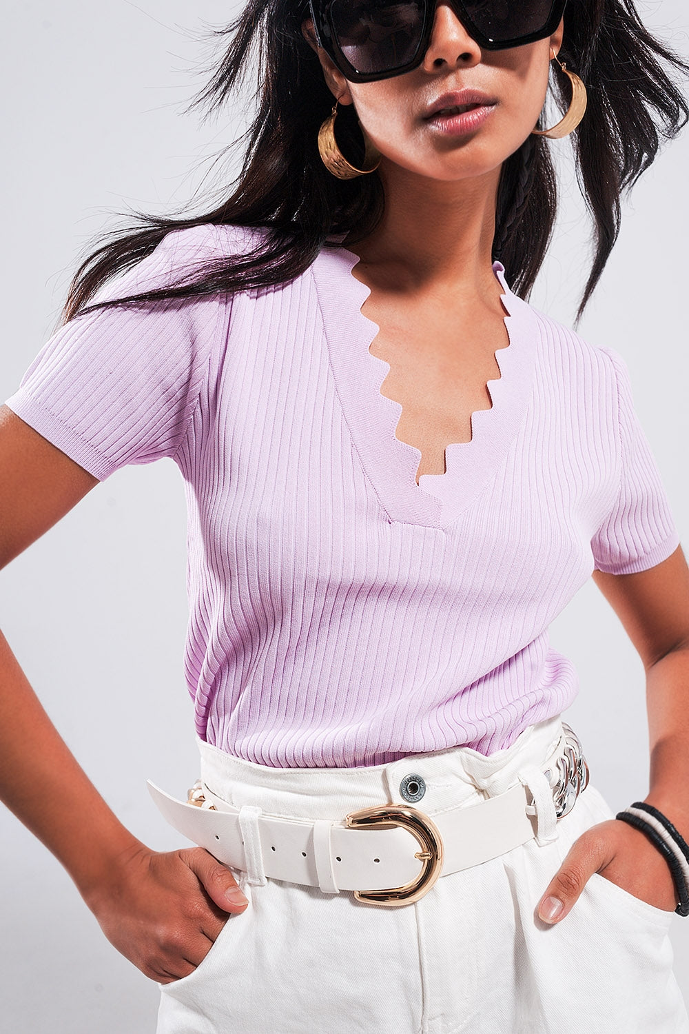 Ribbed v neck jumper in lilac - Jumpers