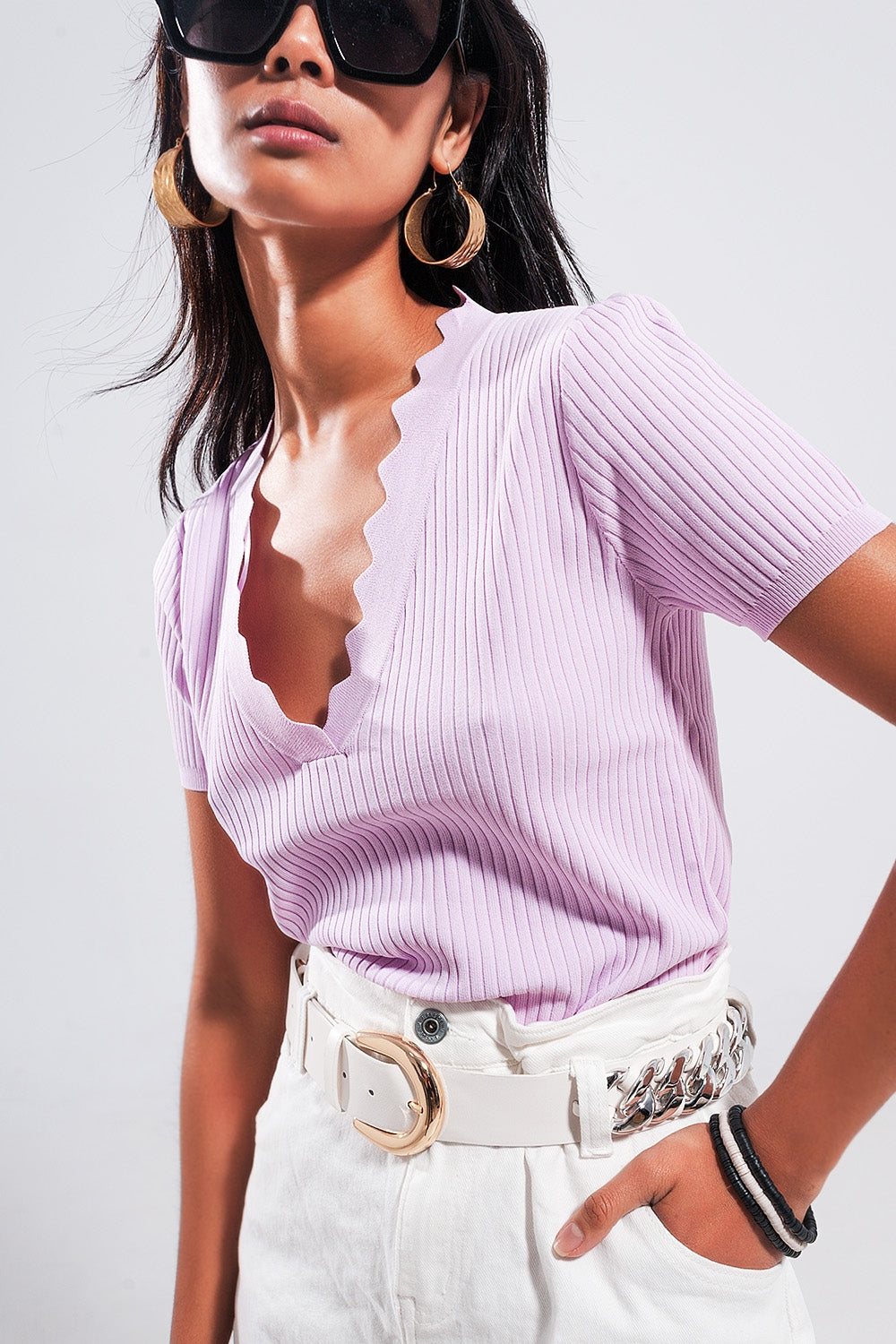 Ribbed v neck jumper in lilac - Jumpers