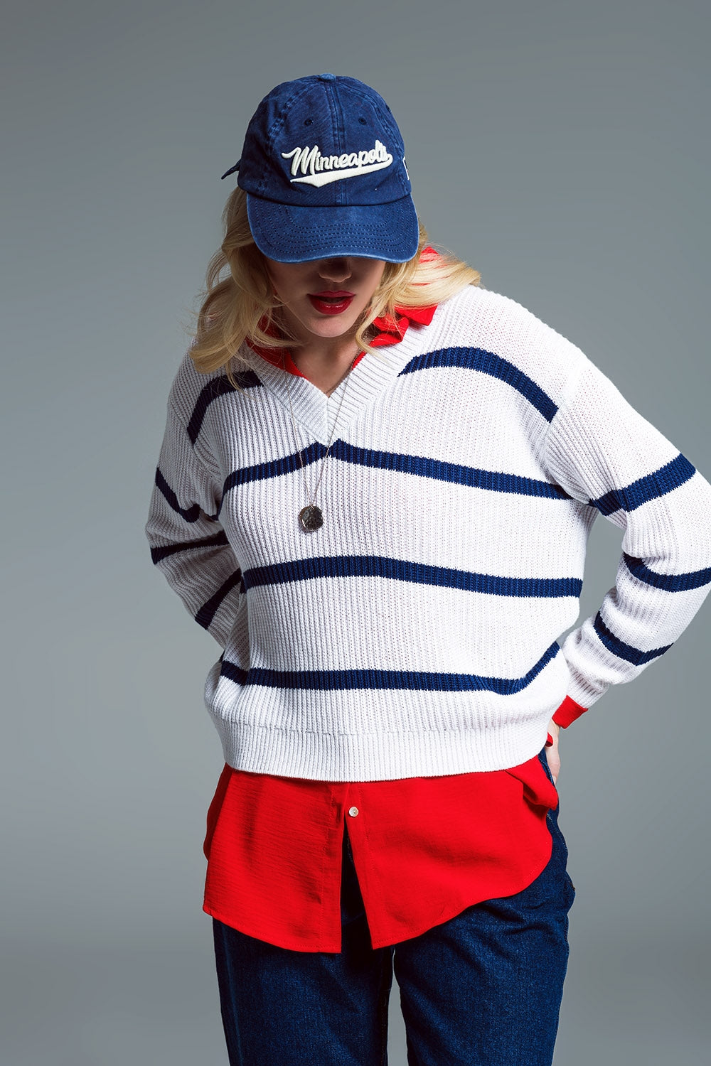 Ribbed White Sweater With Black Stripes and V-Neckline - Jumpers