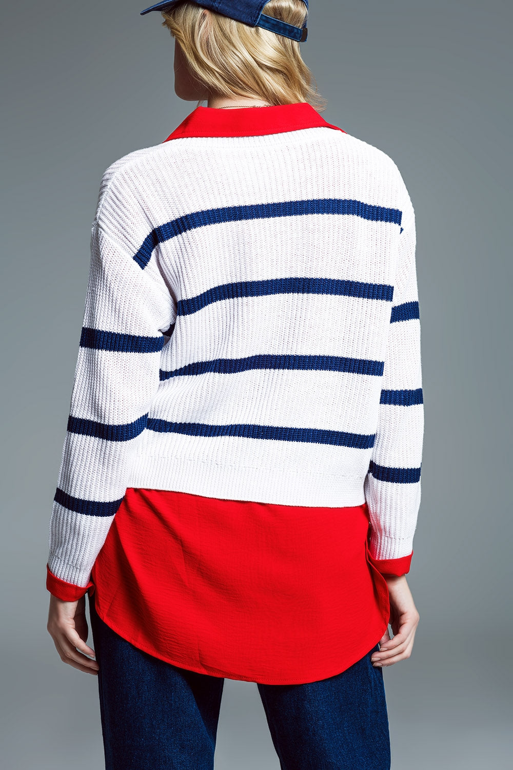 Ribbed White Sweater With Black Stripes and V-Neckline - Jumpers