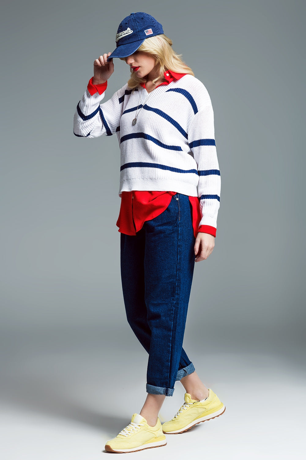 Ribbed White Sweater With Black Stripes and V-Neckline - Jumpers