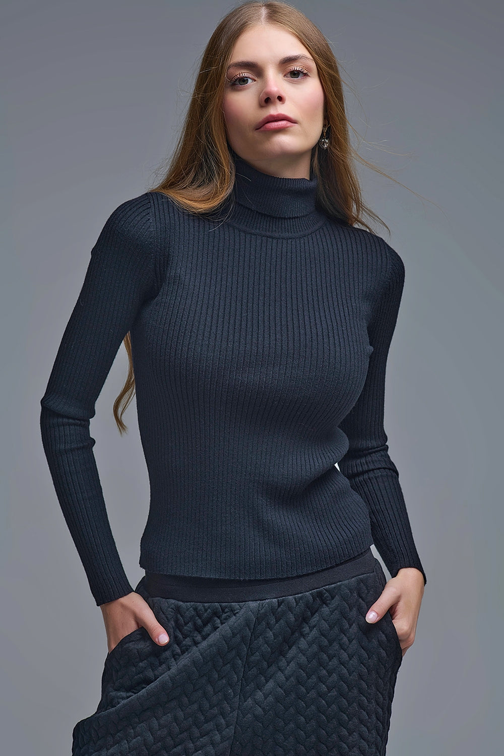 Rolled Turtle Neck Ribbed Sweater in black - Sweaters