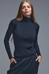 Rolled Turtle Neck Ribbed Sweater in black