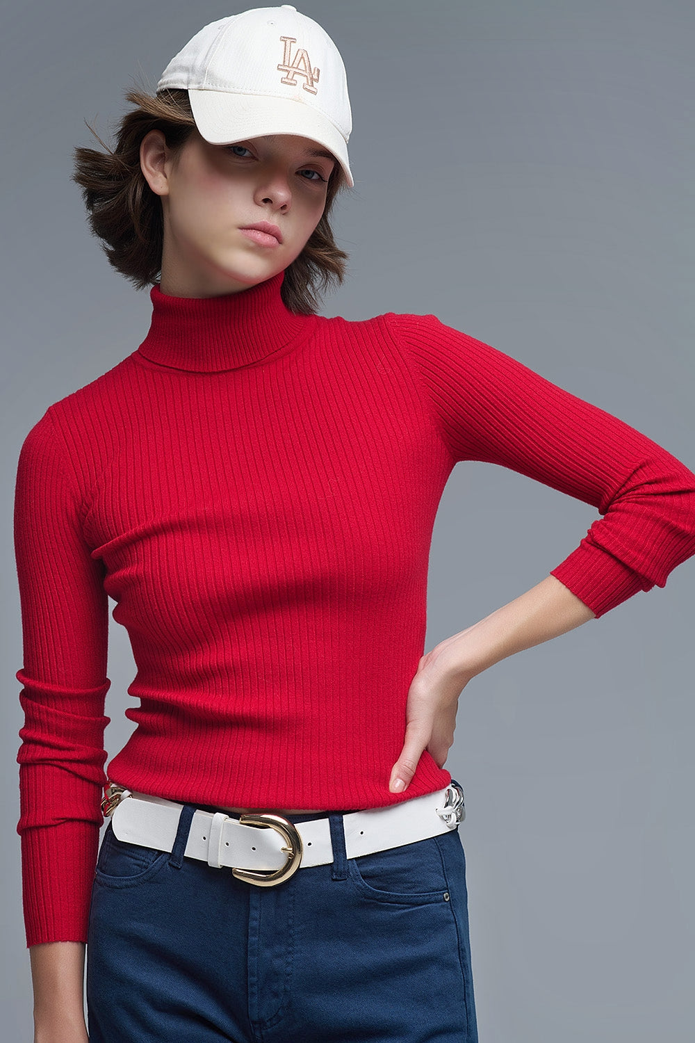 Rolled Turtle Neck Ribbed Sweater in Ruby Red - Sweaters