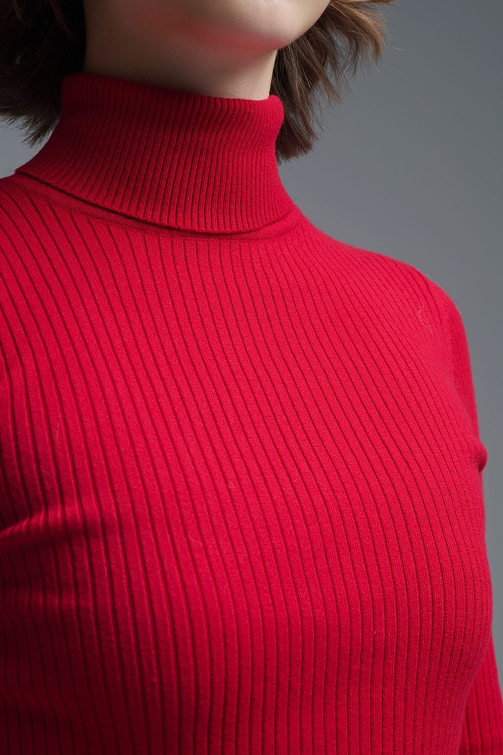 Rolled Turtle Neck Ribbed Sweater in Ruby Red - Sweaters
