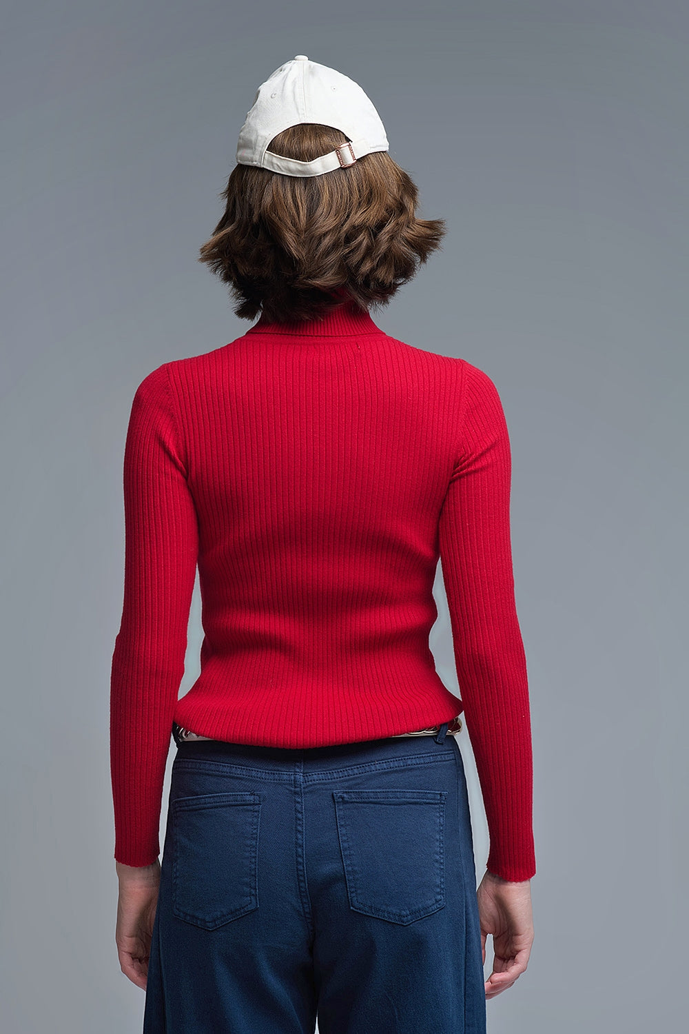 Rolled Turtle Neck Ribbed Sweater in Ruby Red - Sweaters