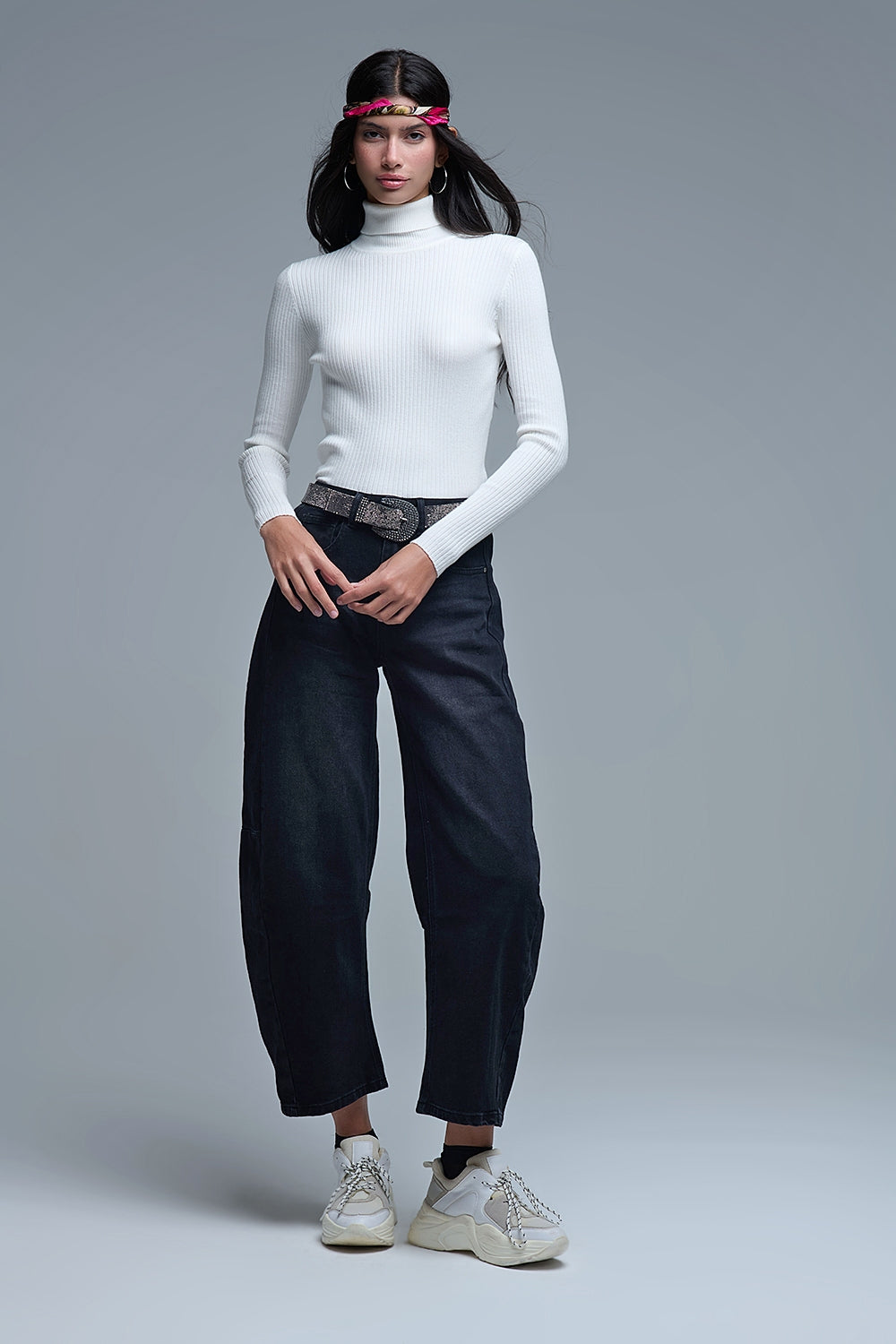 Rolled Turtle Neck Ribbed Sweater in White - Sweaters