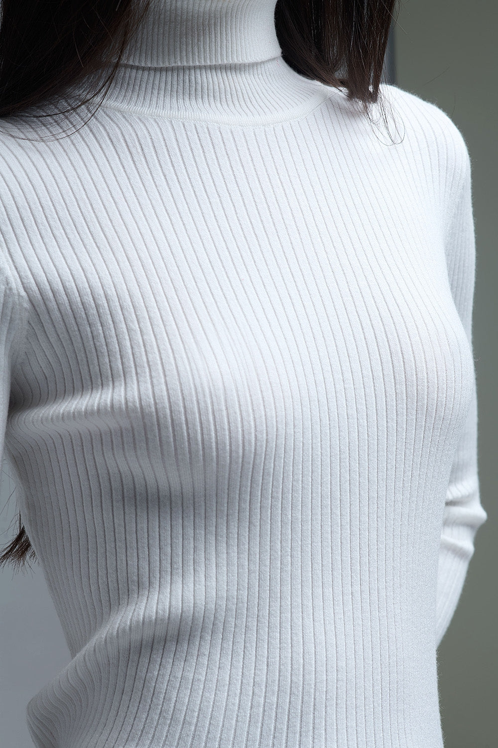 Rolled Turtle Neck Ribbed Sweater in White - Sweaters