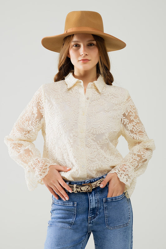 Romantic beige Lace Shirt With Balloon Sleeves - Shirts