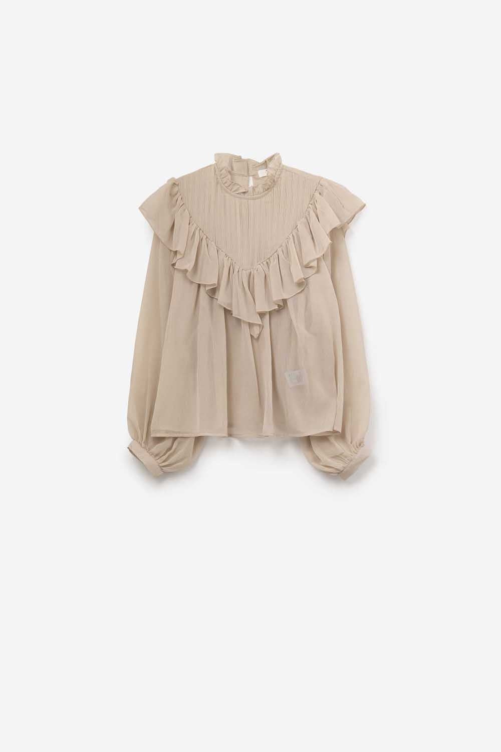 Romantic Beige Ruffled Long-Sleeve Blouse in chiffon fabric - Tops