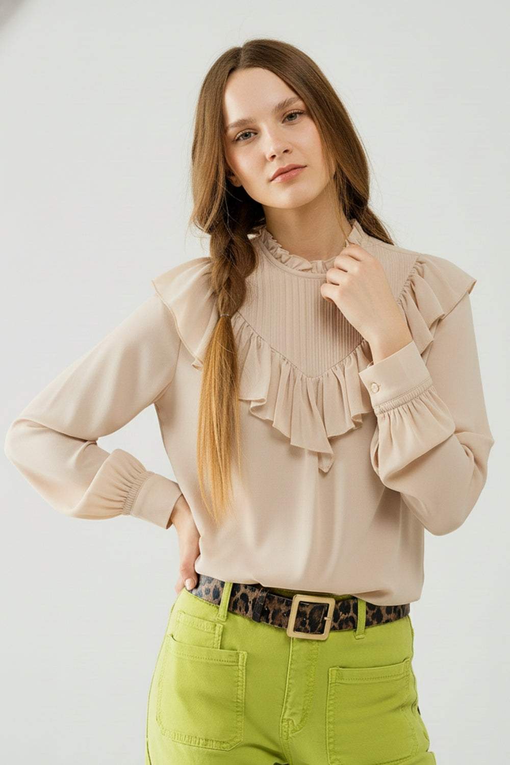 Romantic Beige Ruffled Long-Sleeve Blouse in chiffon fabric - Tops