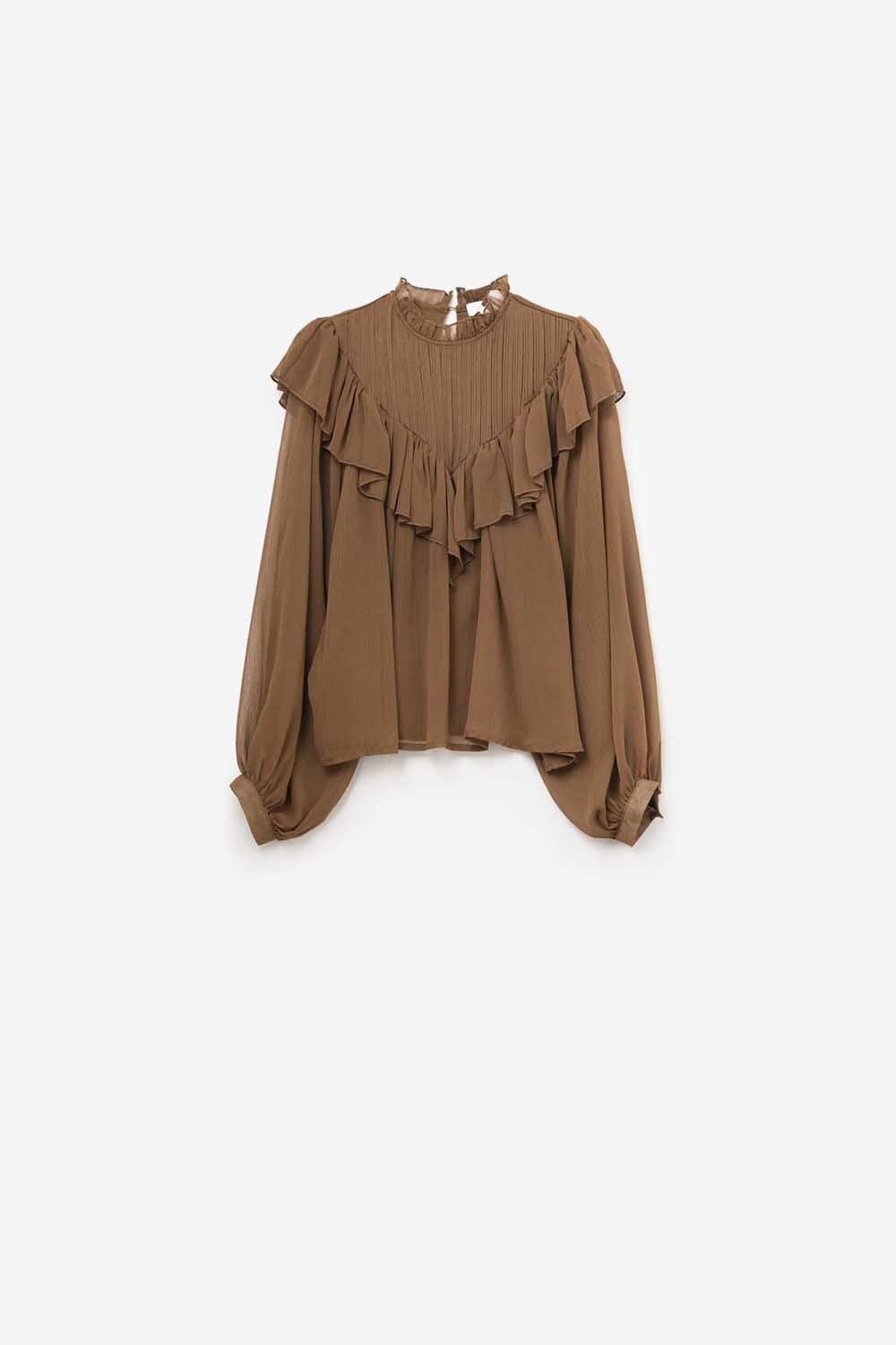 Romantic Brown Ruffled Long-Sleeve Blouse in chiffon fabric - Tops