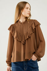Romantic Brown Ruffled Long-Sleeve Blouse in chiffon fabric