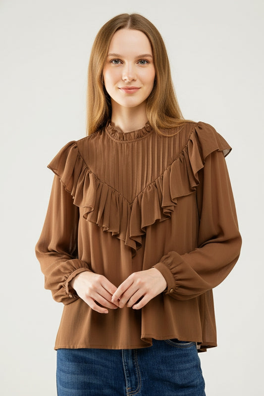 Romantic Brown Ruffled Long-Sleeve Blouse in chiffon fabric - Tops
