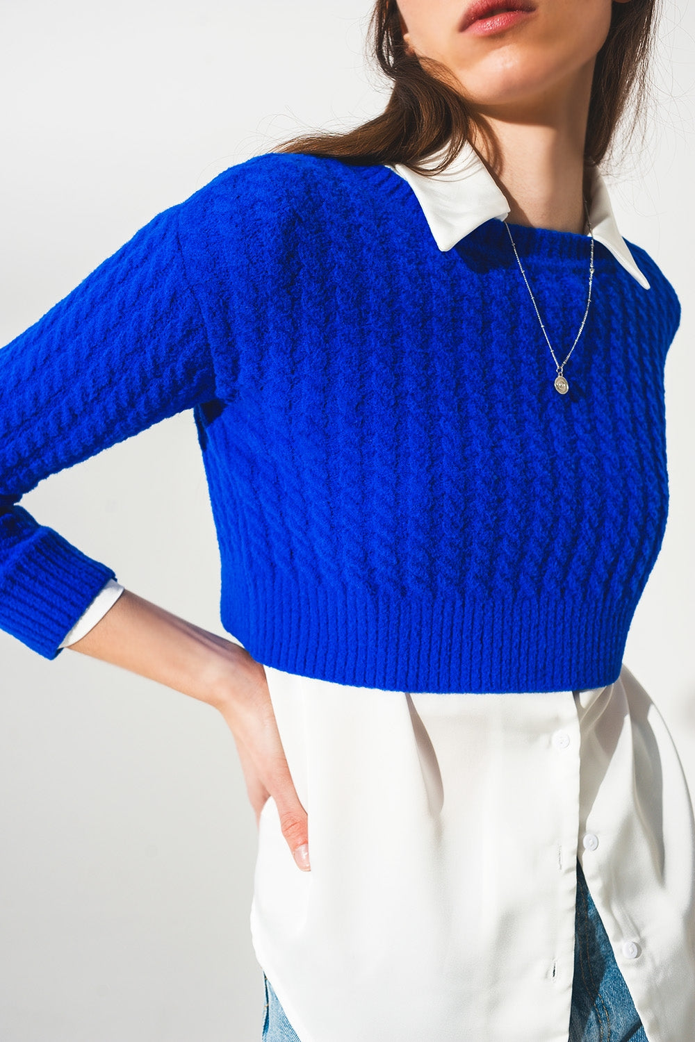 Round neck cable knit crop jumper in blue - Jumpers