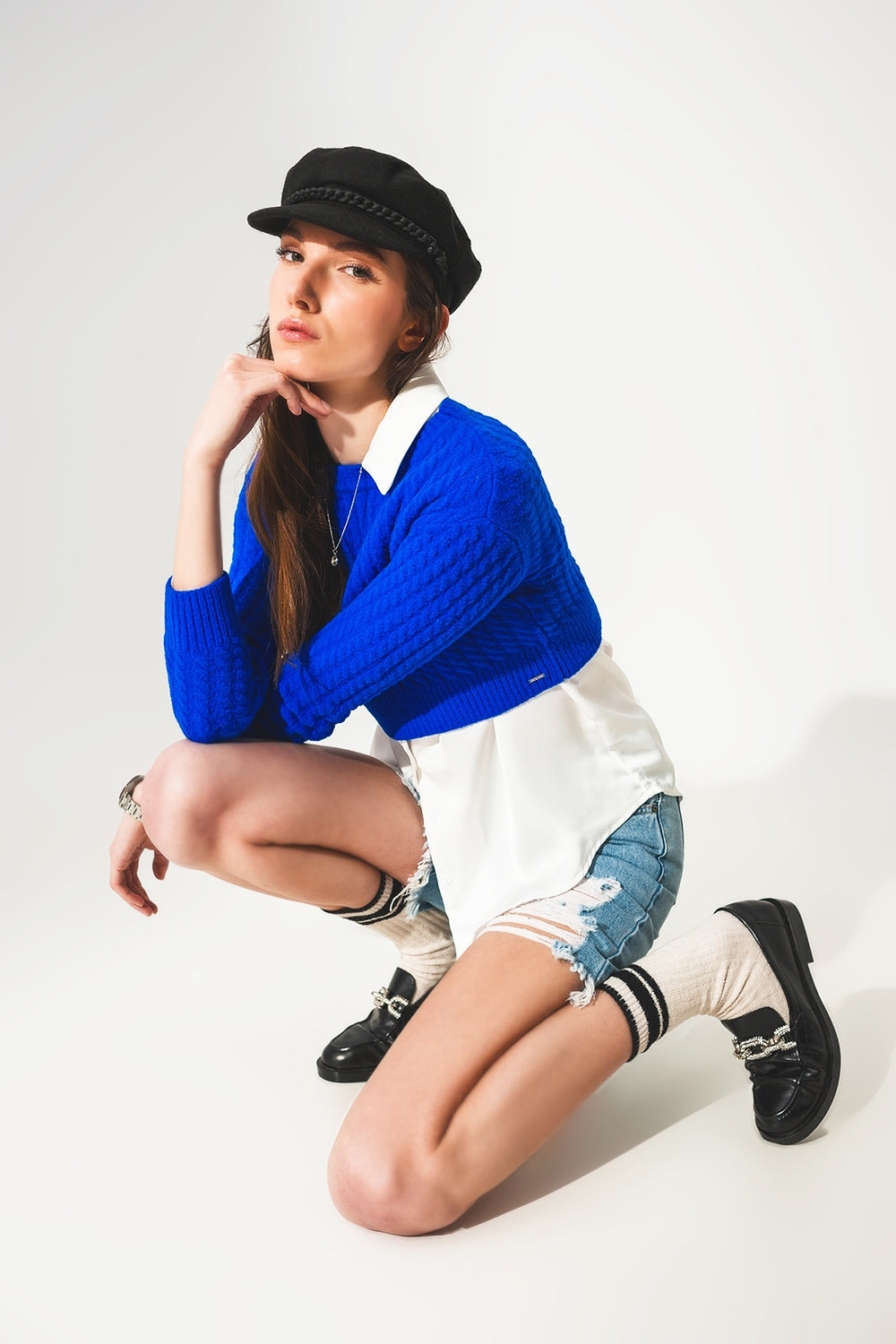 Round neck cable knit crop jumper in blue - Jumpers