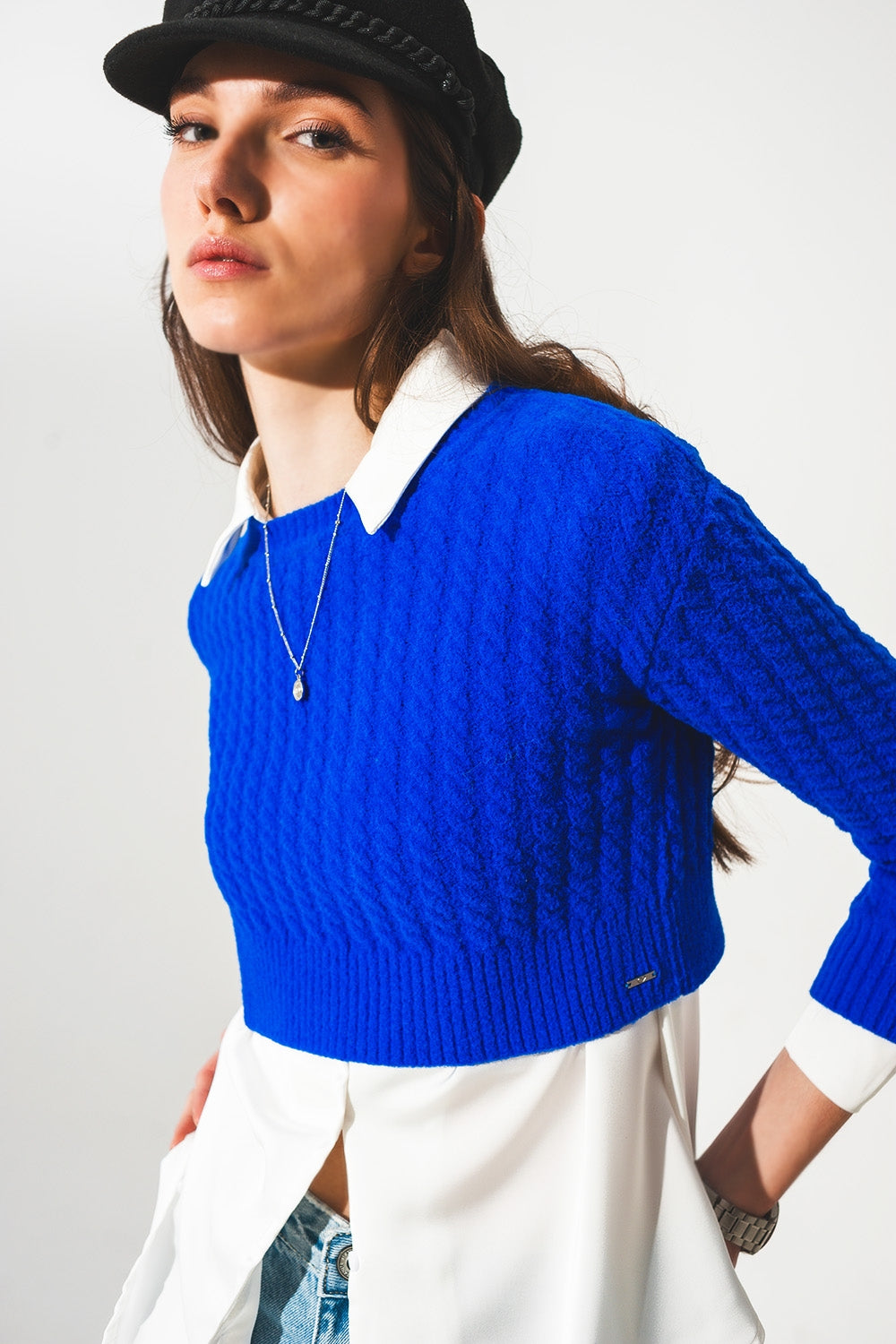 Round neck cable knit crop jumper in blue - Jumpers