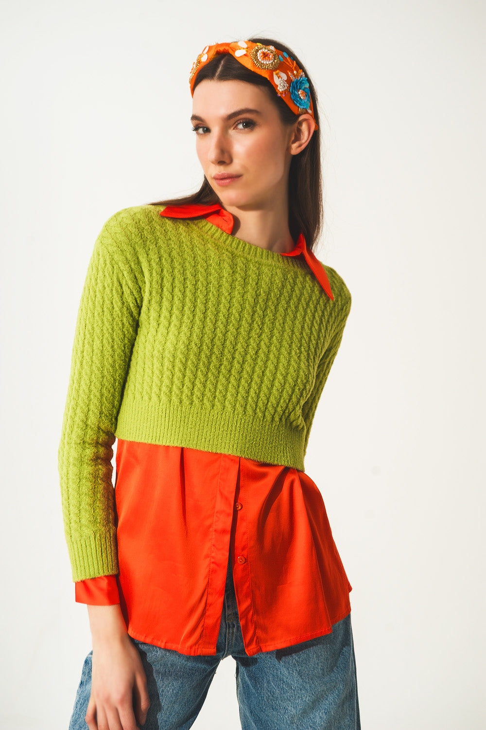 Round neck cable knit crop jumper in lime green - Jumpers