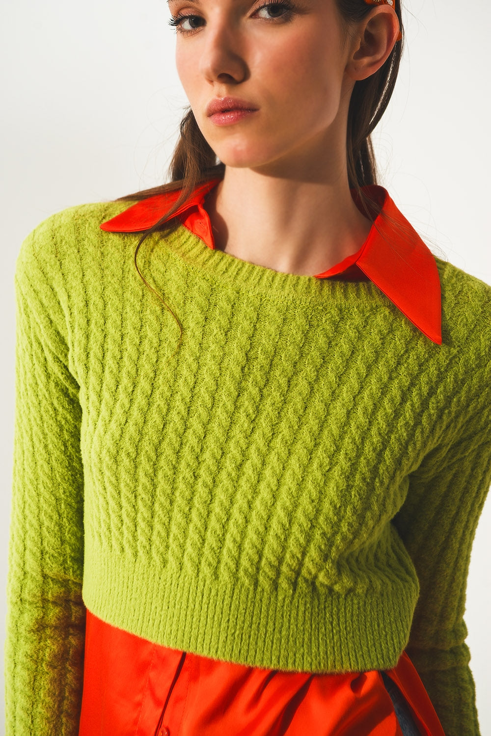 Round neck cable knit crop jumper in lime green - Jumpers