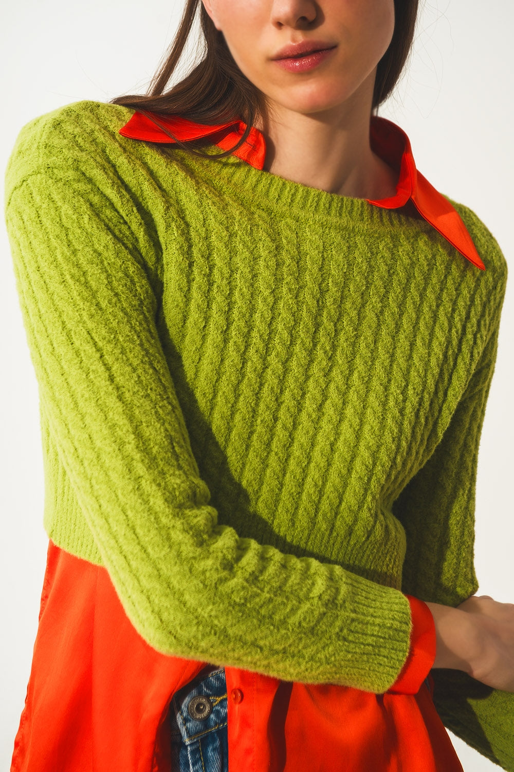 Round neck cable knit crop jumper in lime green - Jumpers
