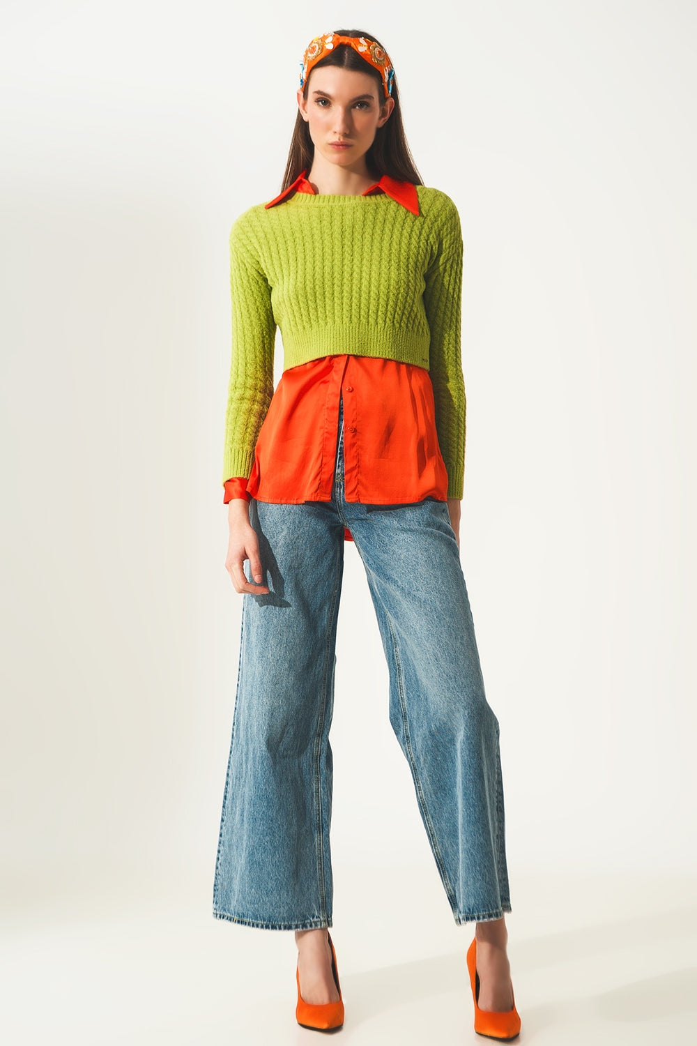 Round neck cable knit crop jumper in lime green - Jumpers