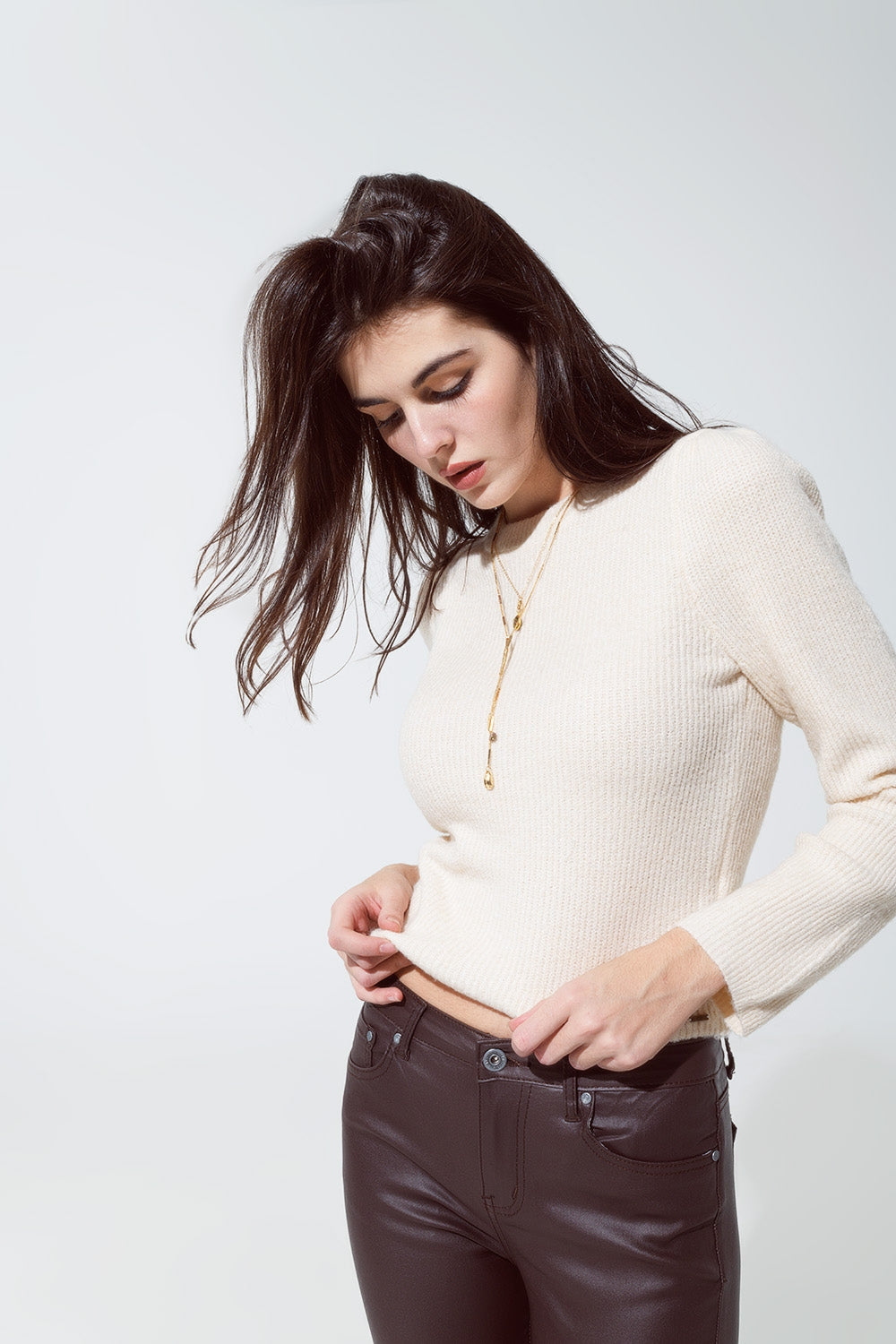 Round neck chunky ribbed jumper in cream - Jumpers