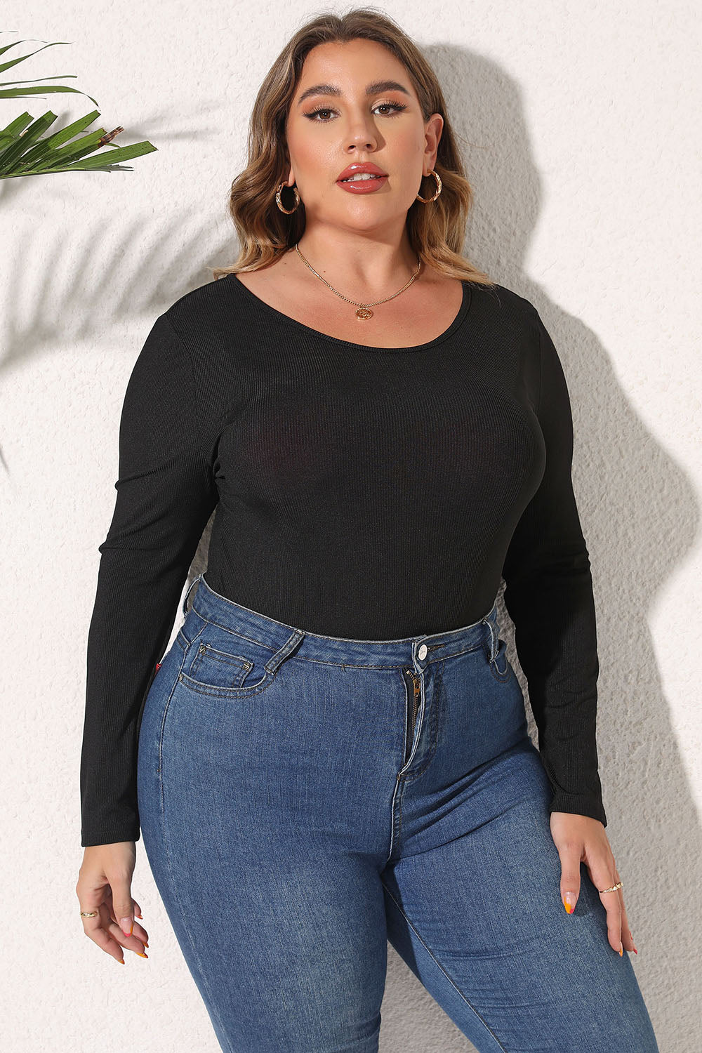 Plus Size Round Neck Long Sleeve Bodysuit - Bodysuits
