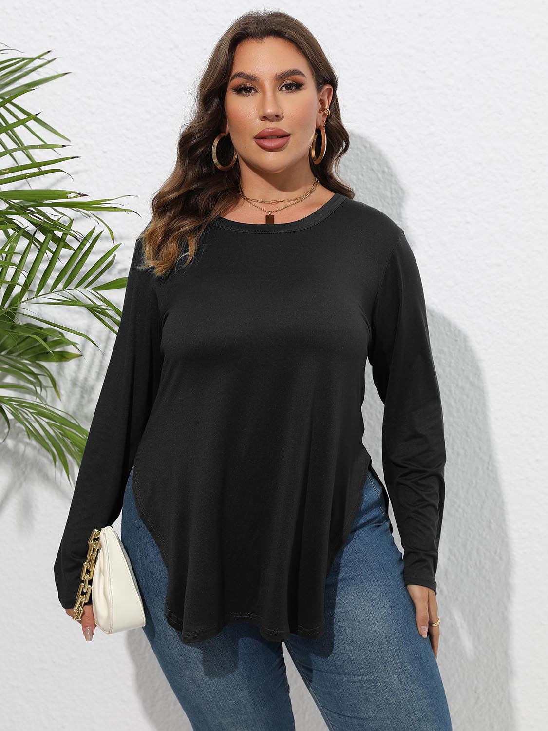 Plus Size Round Neck Long Sleeve Slit Blouse Black - Blouses