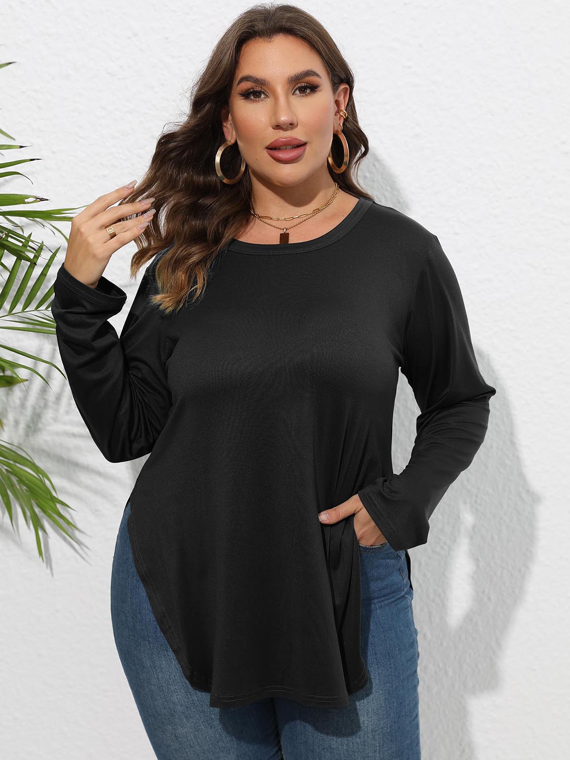 Plus Size Round Neck Long Sleeve Slit Blouse - Blouses