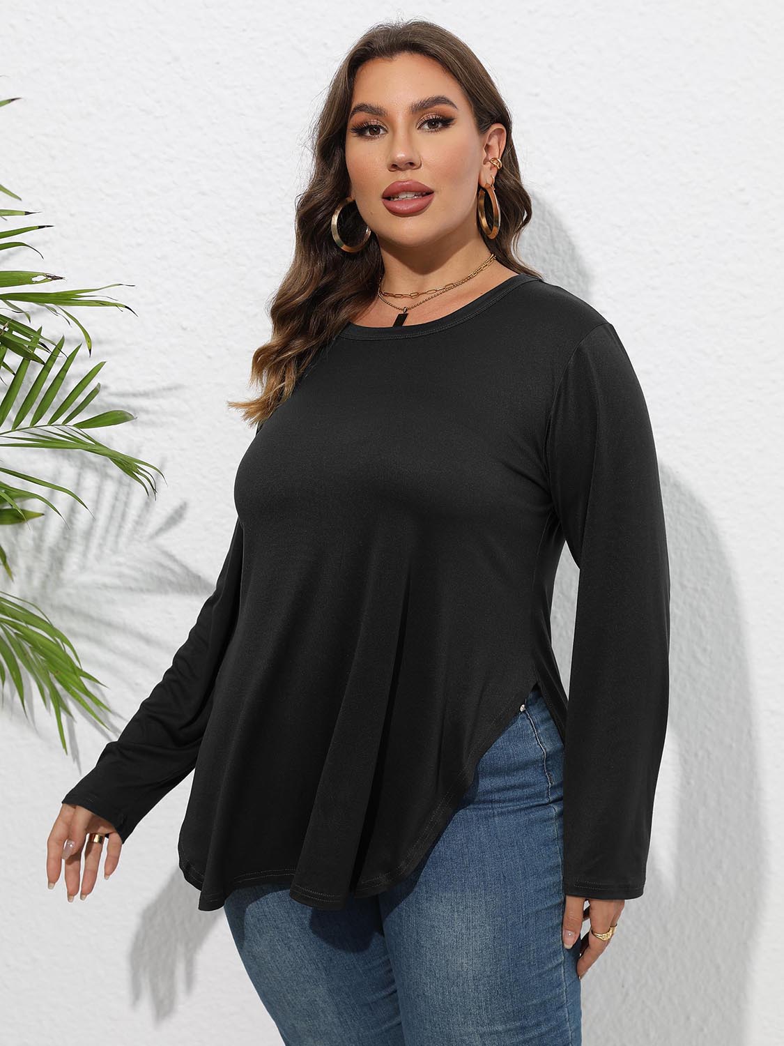 Plus Size Round Neck Long Sleeve Slit Blouse - Blouses