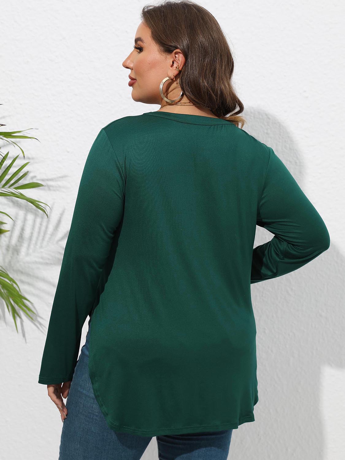 Plus Size Round Neck Long Sleeve Slit Blouse - Blouses