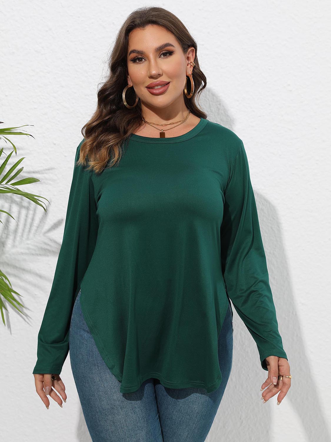 Plus Size Round Neck Long Sleeve Slit Blouse - Blouses