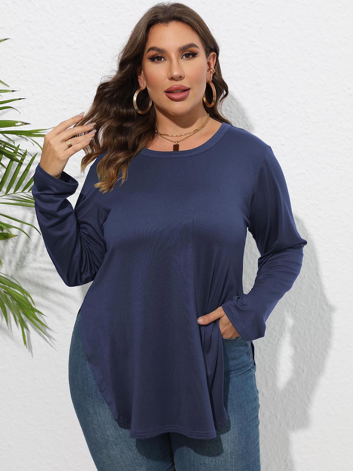 Plus Size Round Neck Long Sleeve Slit Blouse - Blouses