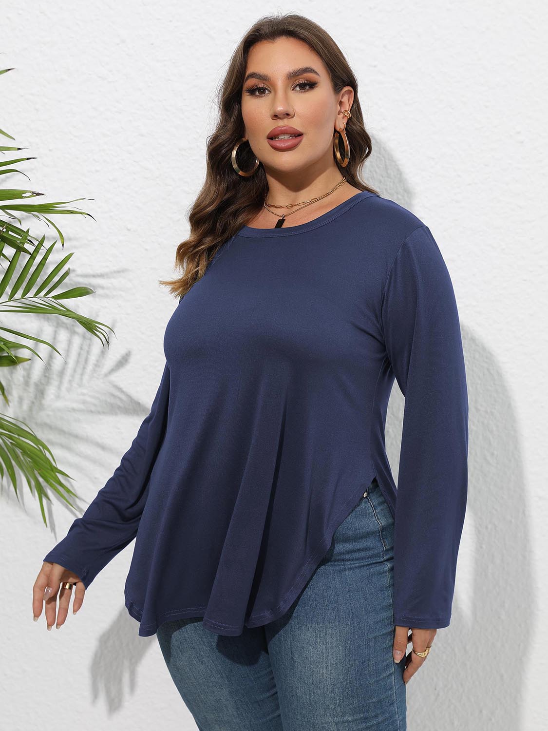 Plus Size Round Neck Long Sleeve Slit Blouse - Blouses