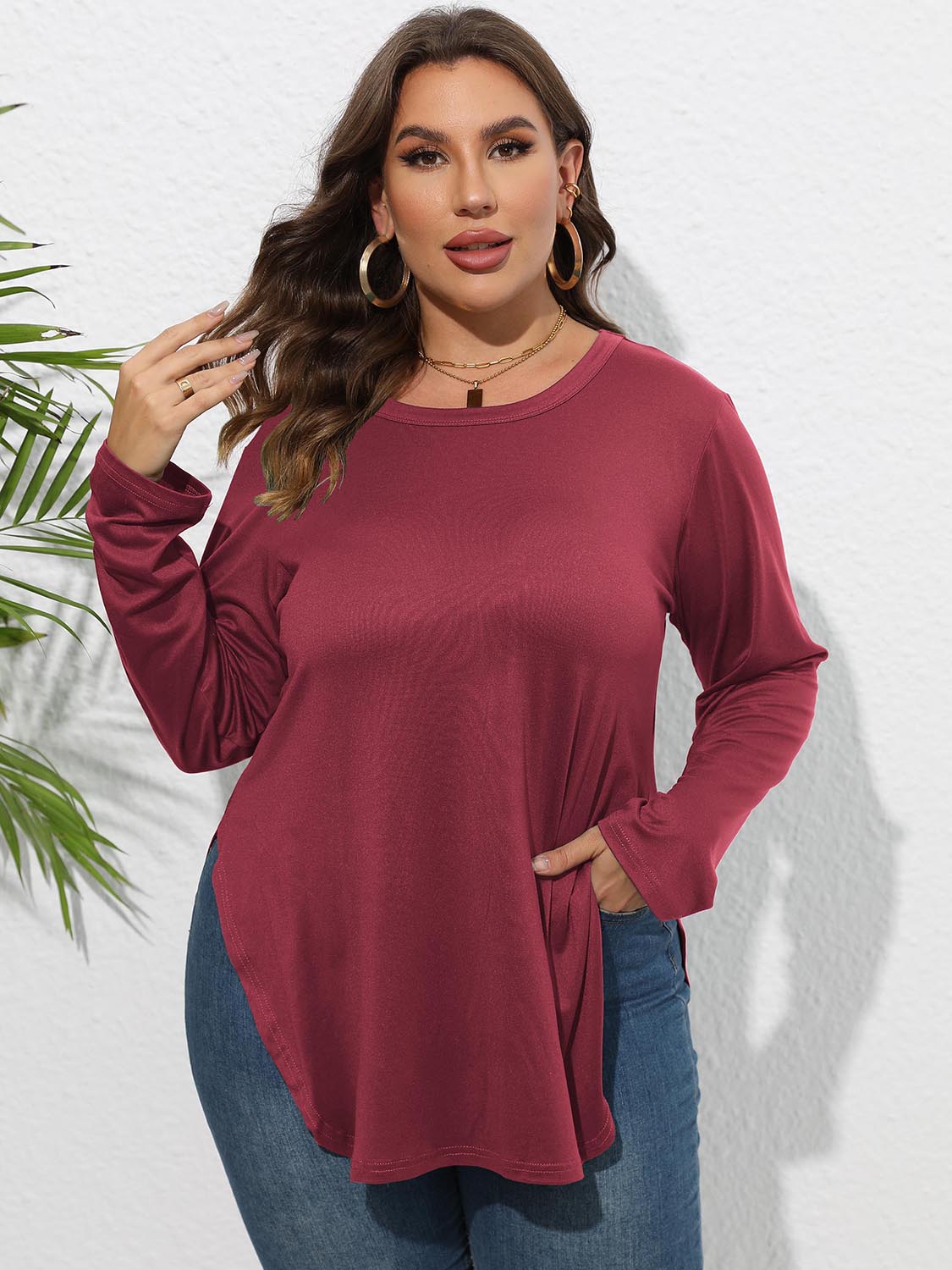 Plus Size Round Neck Long Sleeve Slit Blouse - Blouses