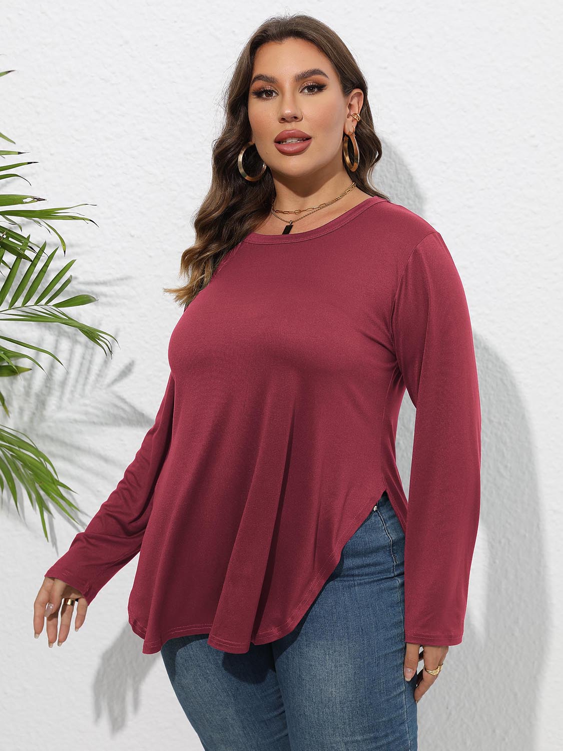 Plus Size Round Neck Long Sleeve Slit Blouse - Blouses
