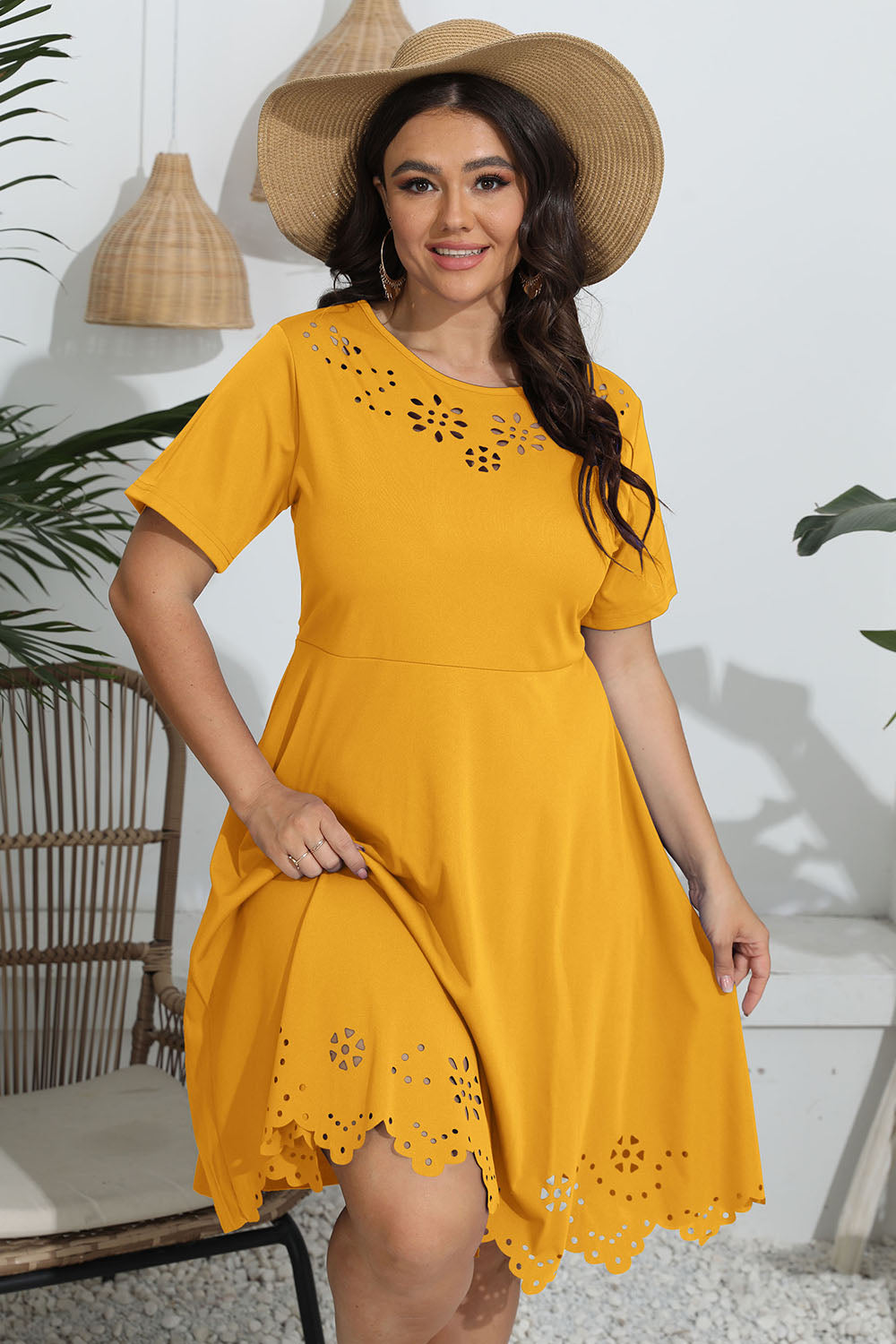 Plus Size Round Neck Openwork Dress - Dresse