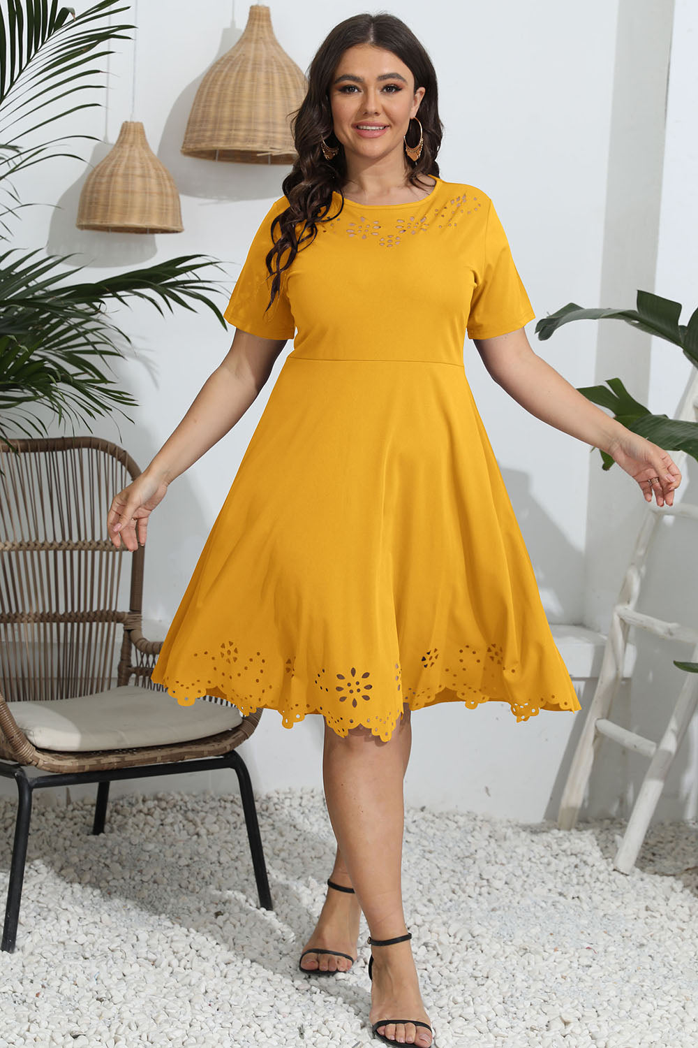 Plus Size Round Neck Openwork Dress Mustard - Dresse