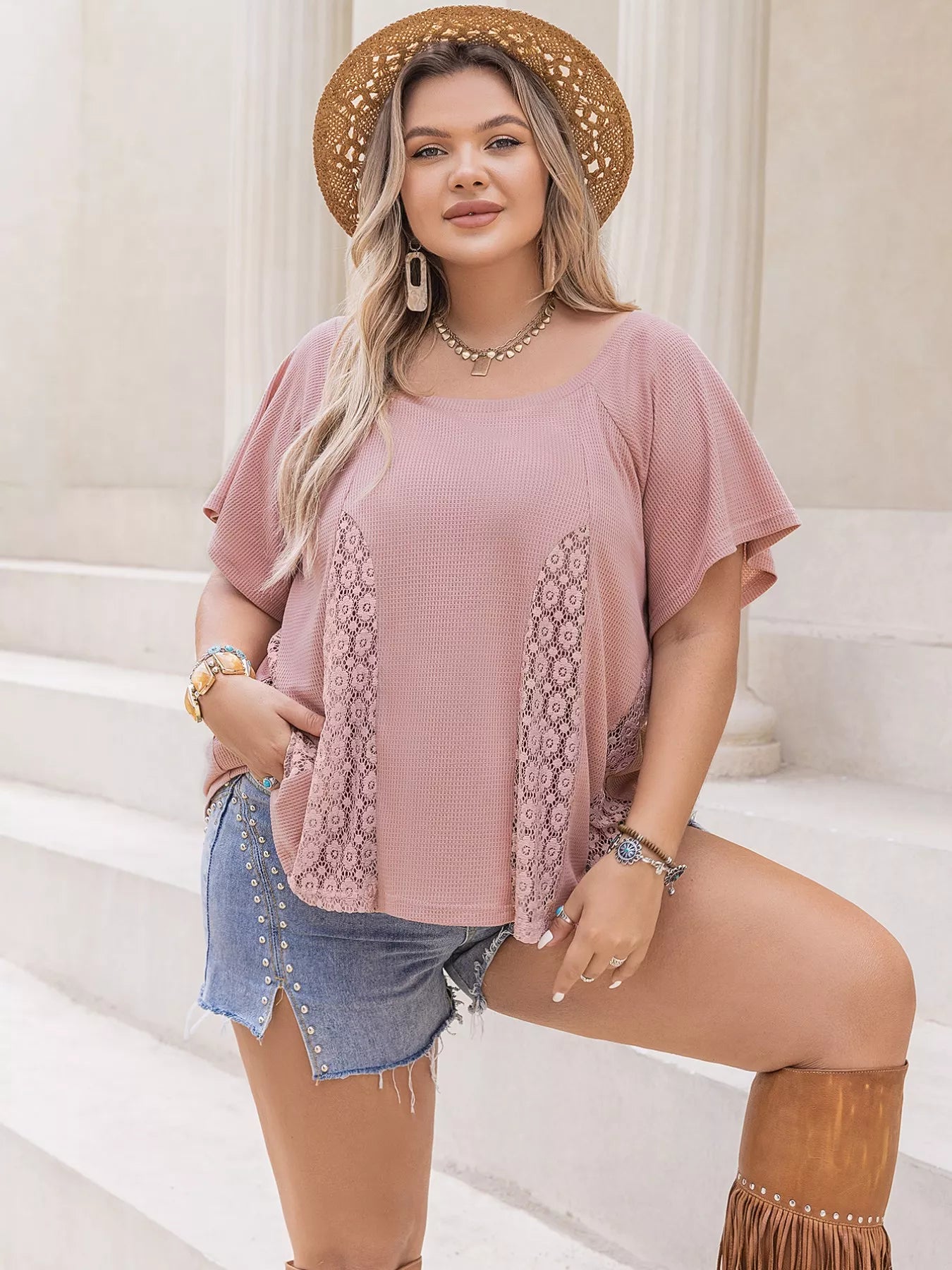 Plus Size Lace Detail Round Neck Short Sleeve T-Shirt - T-Shirts
