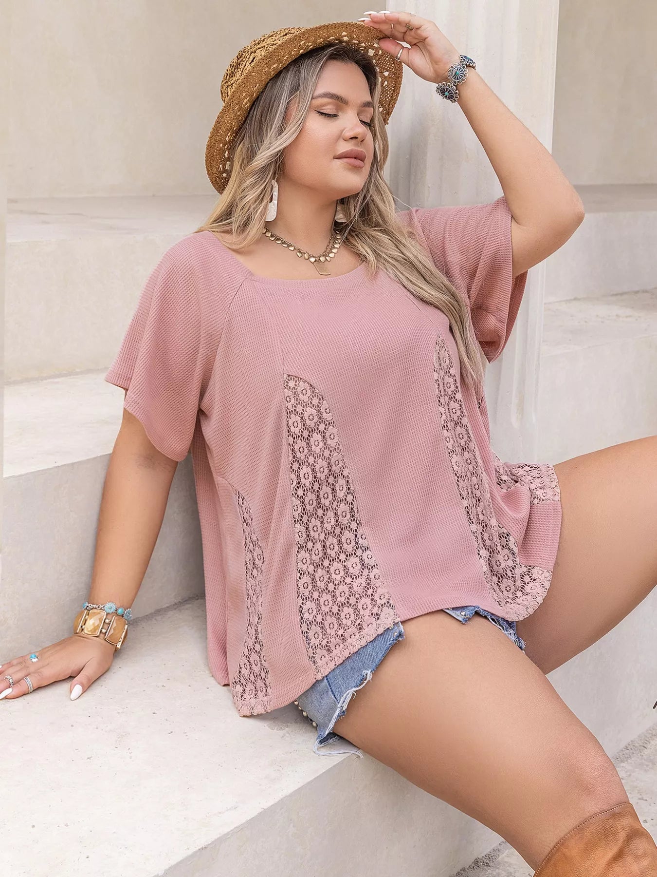 Plus Size Lace Detail Round Neck Short Sleeve T-Shirt - T-Shirts