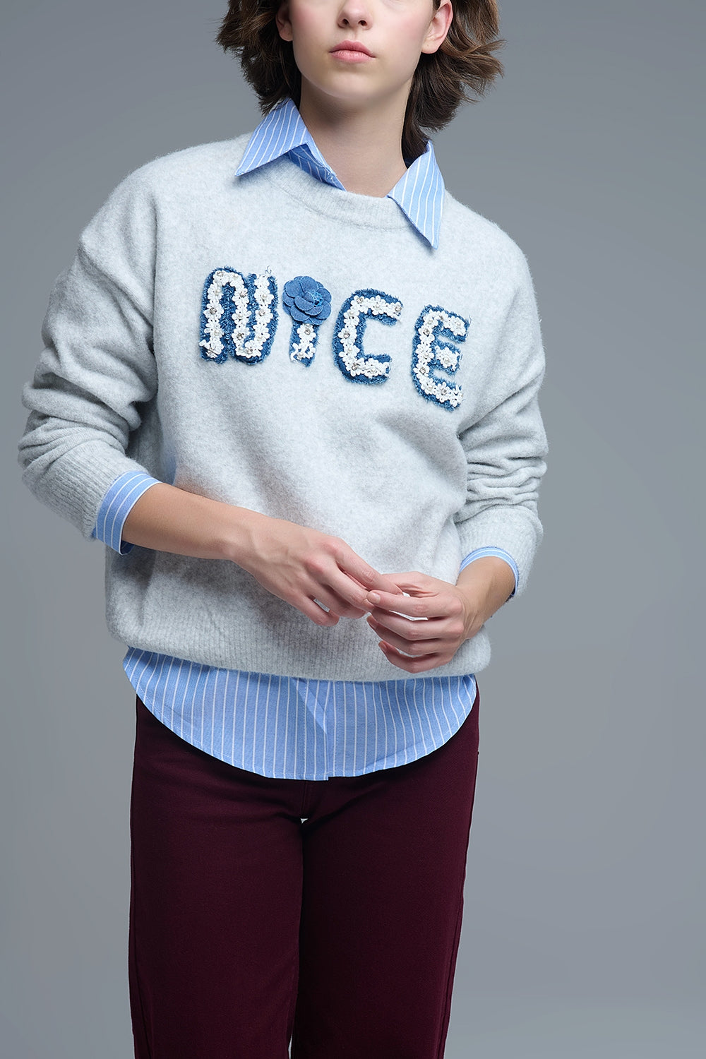 Round Neck Sweater With Embroidered Nice - Sweaters