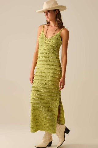 Ruffle Maxi Dress With Slit in Green color