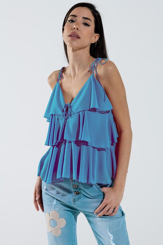 Ruffle Top WIth Thin straps in Blue - Tops